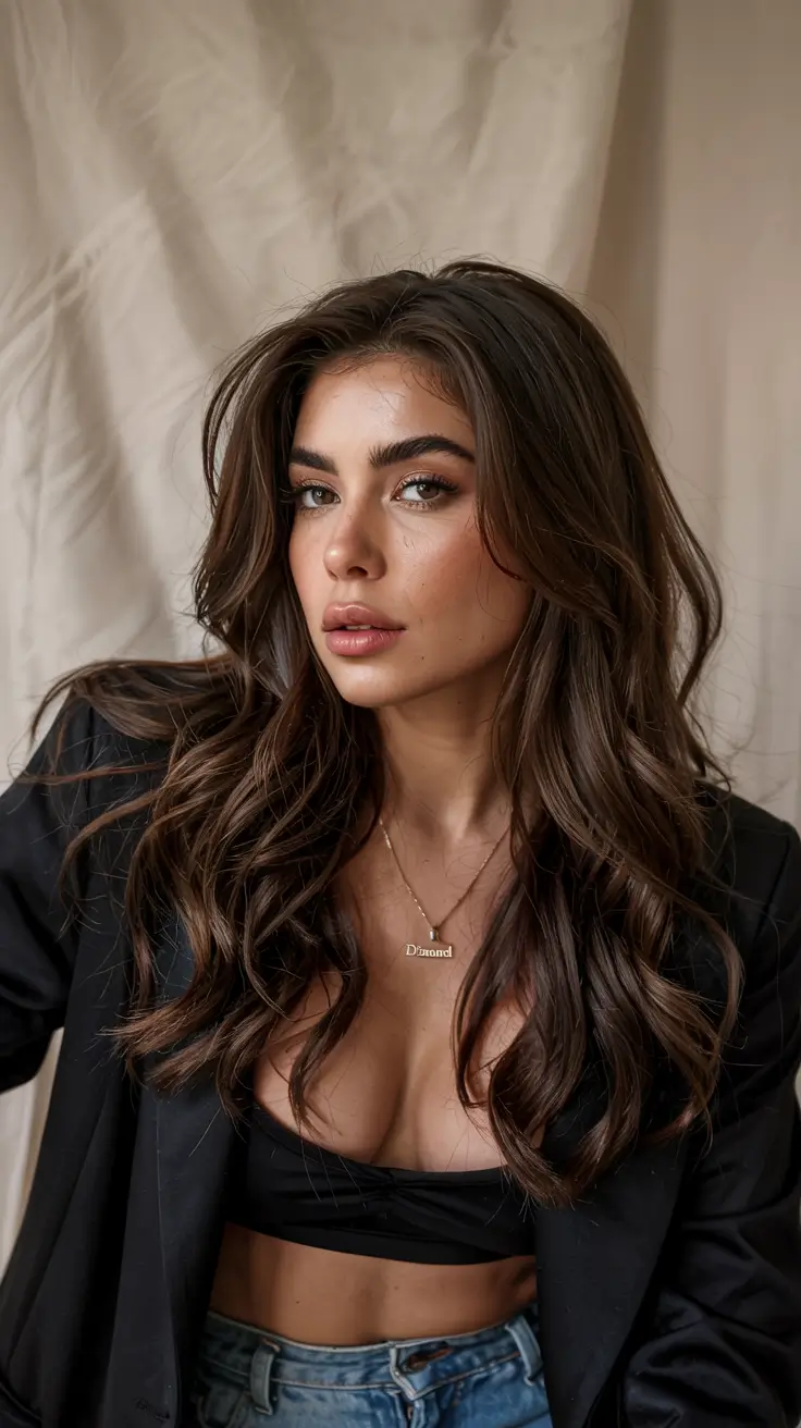 fall latina hair color ideas 2025 Glossy Deep Chocolate Waves