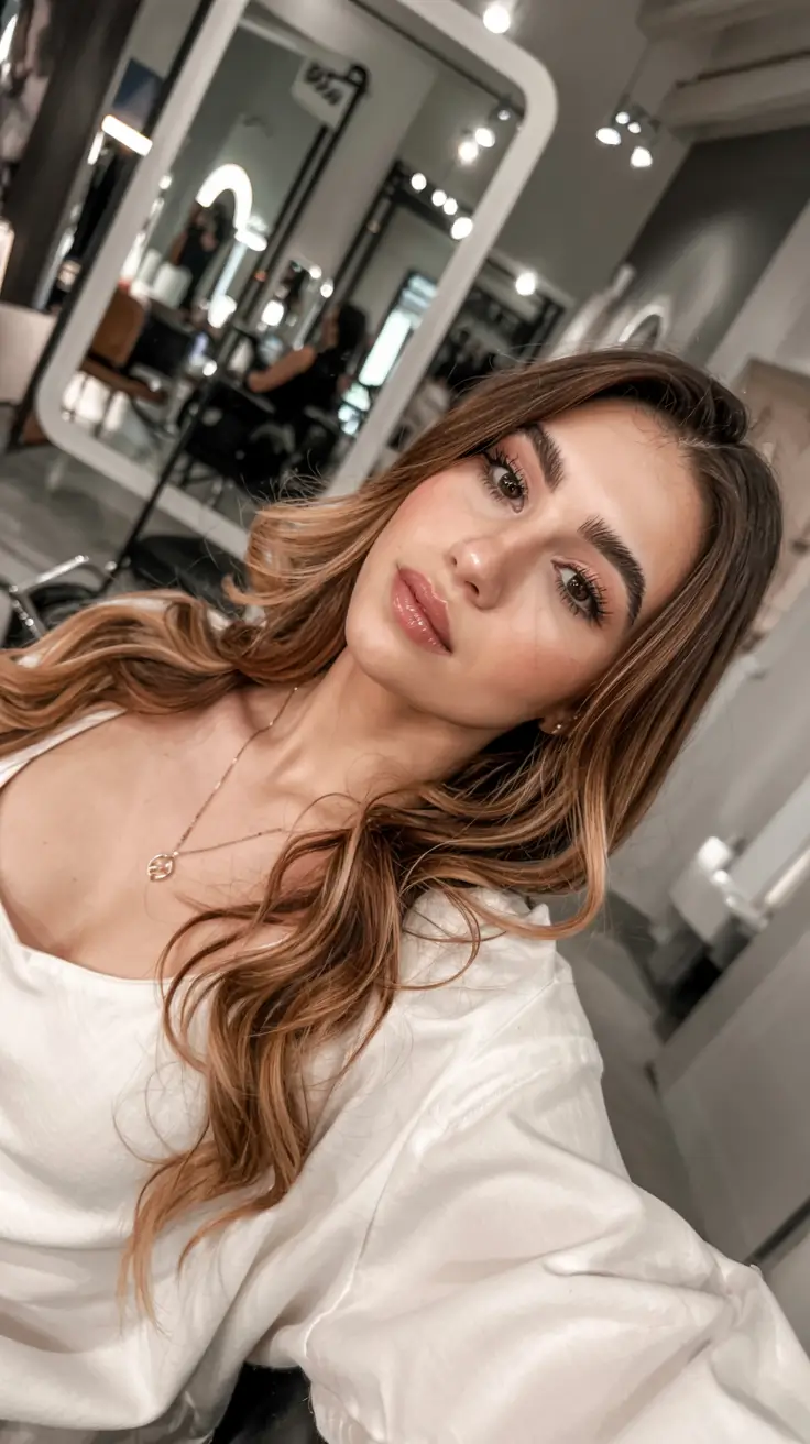 fall latina hair color ideas 2025 Warm Amber Honey Balayage