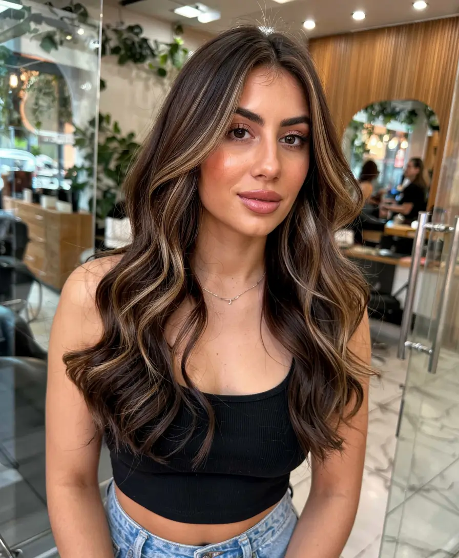 fall latina hair color ideas 2025 Dark Brunette with Creamy Blonde Poplights