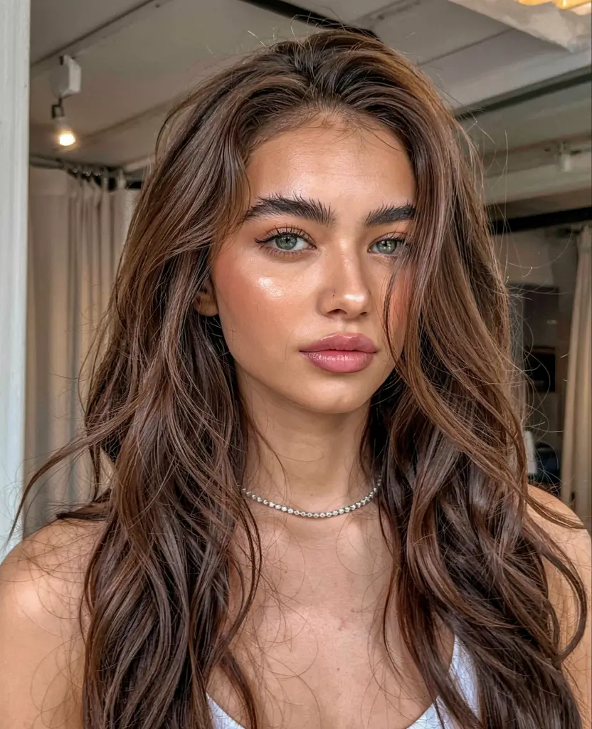 fall latina hair color ideas 2025 Soft Maple Cocoa with Subtle Lowlights