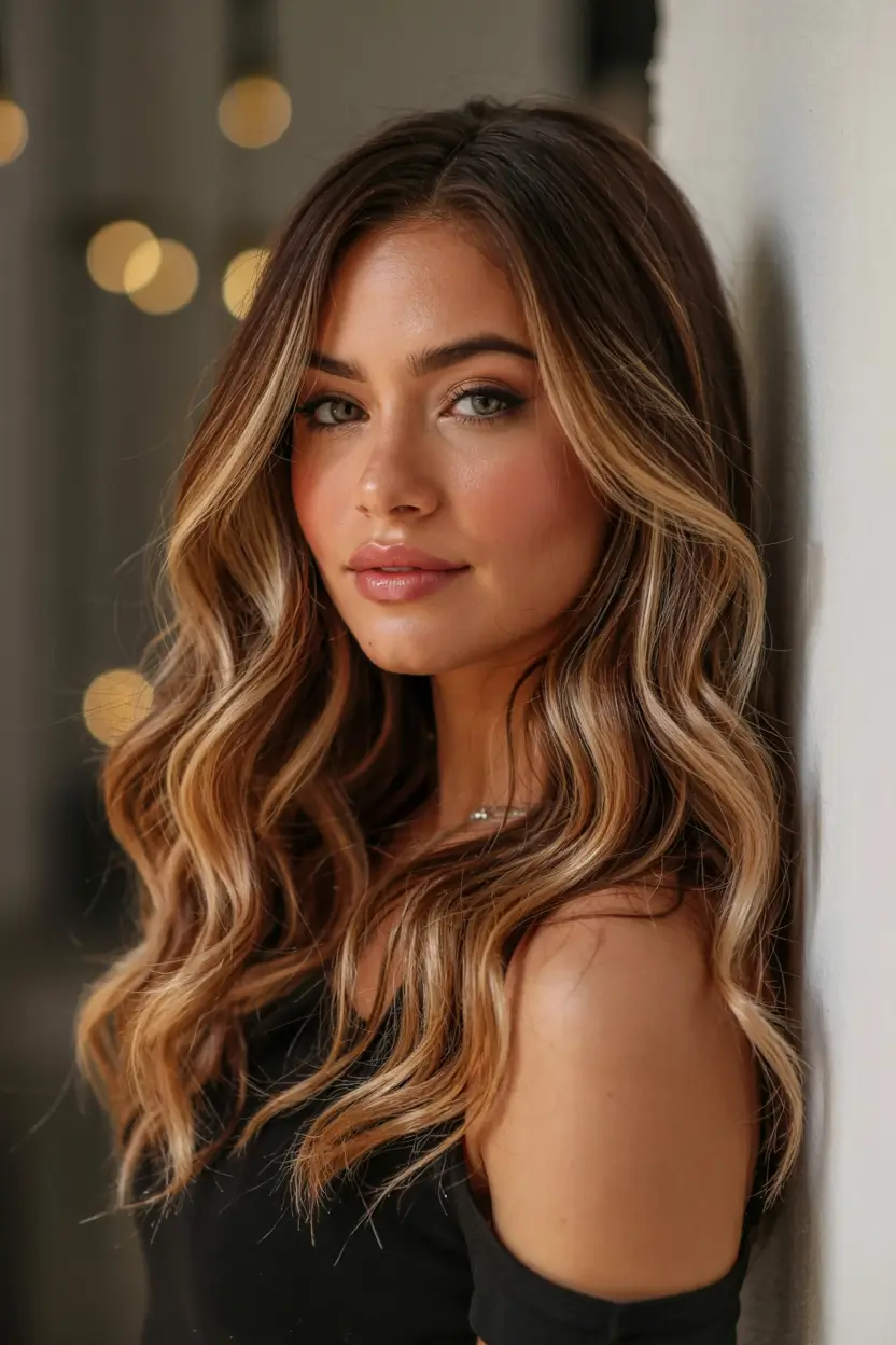 fall latina hair color ideas 2025 Golden Toffee with Buttery Waves