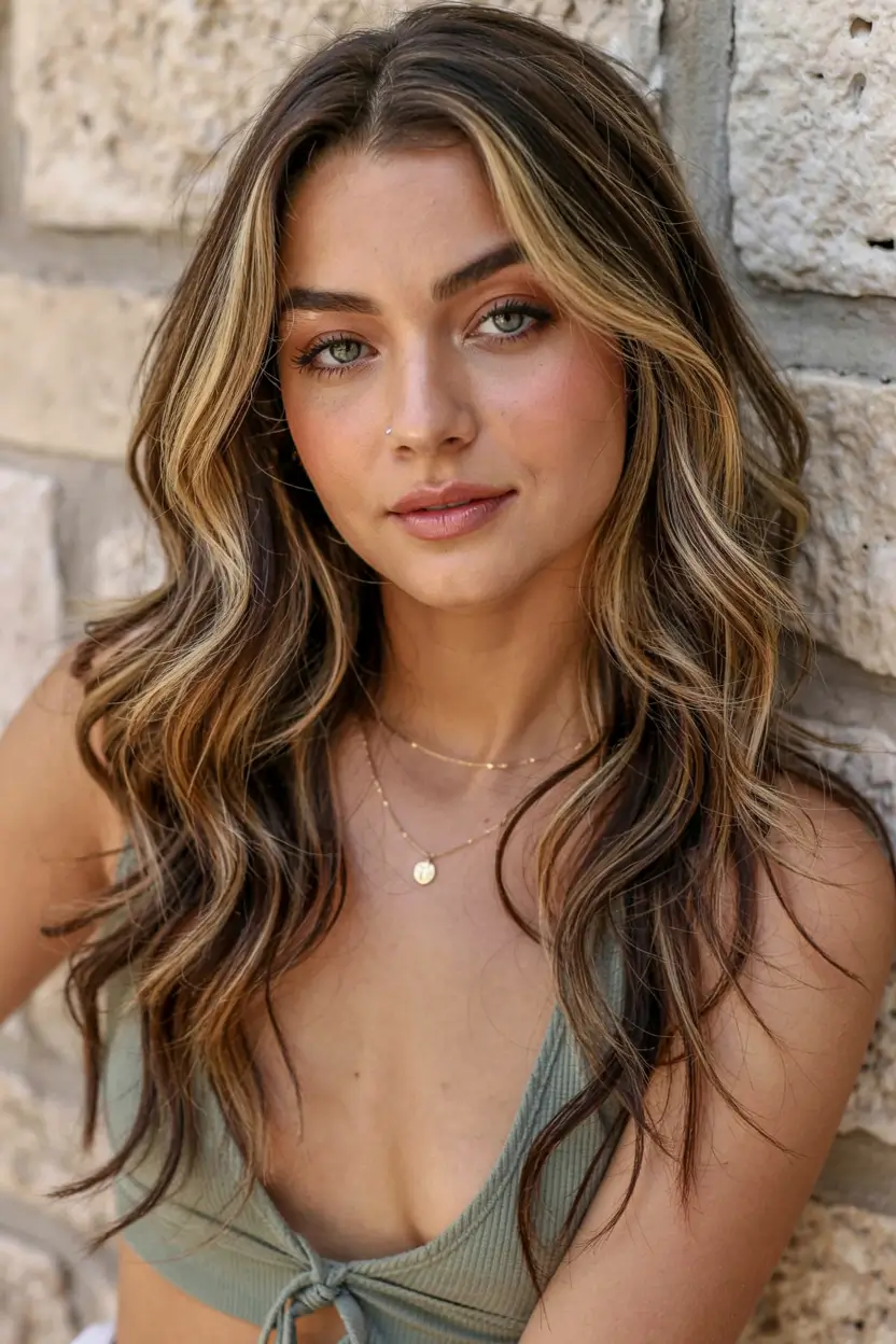fall latina hair color ideas 2025 Dimensional Walnut Brown with Face Brights