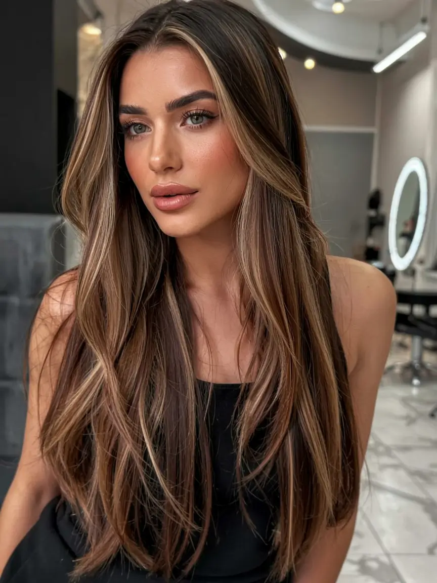 fall latina hair color ideas 2025 Dark Cocoa with Champagne Foil Lights