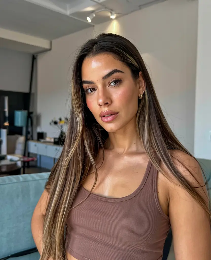 fall latina hair color ideas 2025 Ash Brown Babylights with Soft Face Frame
