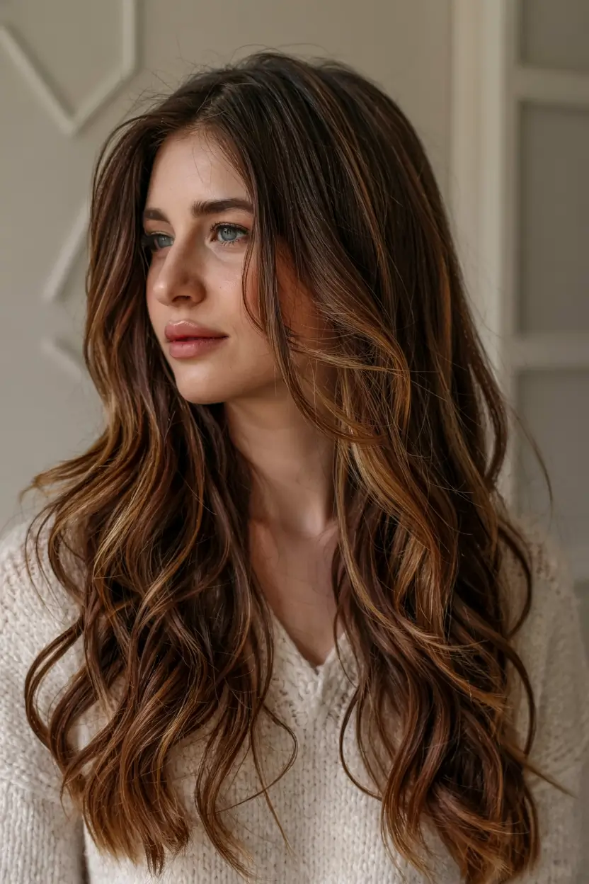 fall latina hair color ideas 2025 Mocha Brunette with Golden Ribbon Highlights