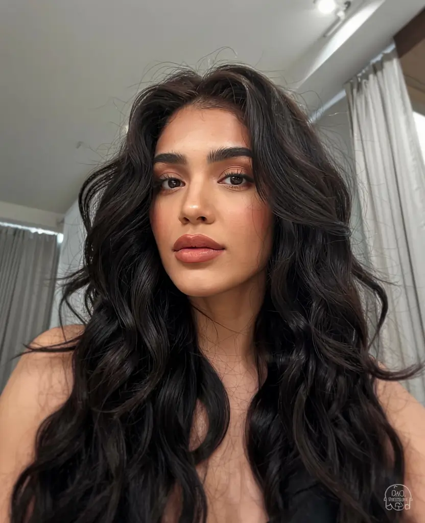 fall latina hair color ideas 2025 Chocolate Cherry Brown with Glowing Skin Finish
