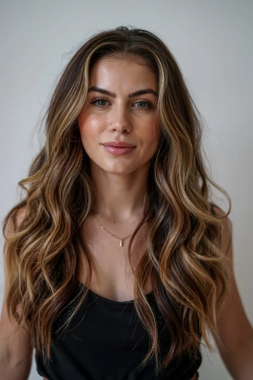 fall latina hair color ideas 2025 Hazelnut Bronde with Loose Beach Waves