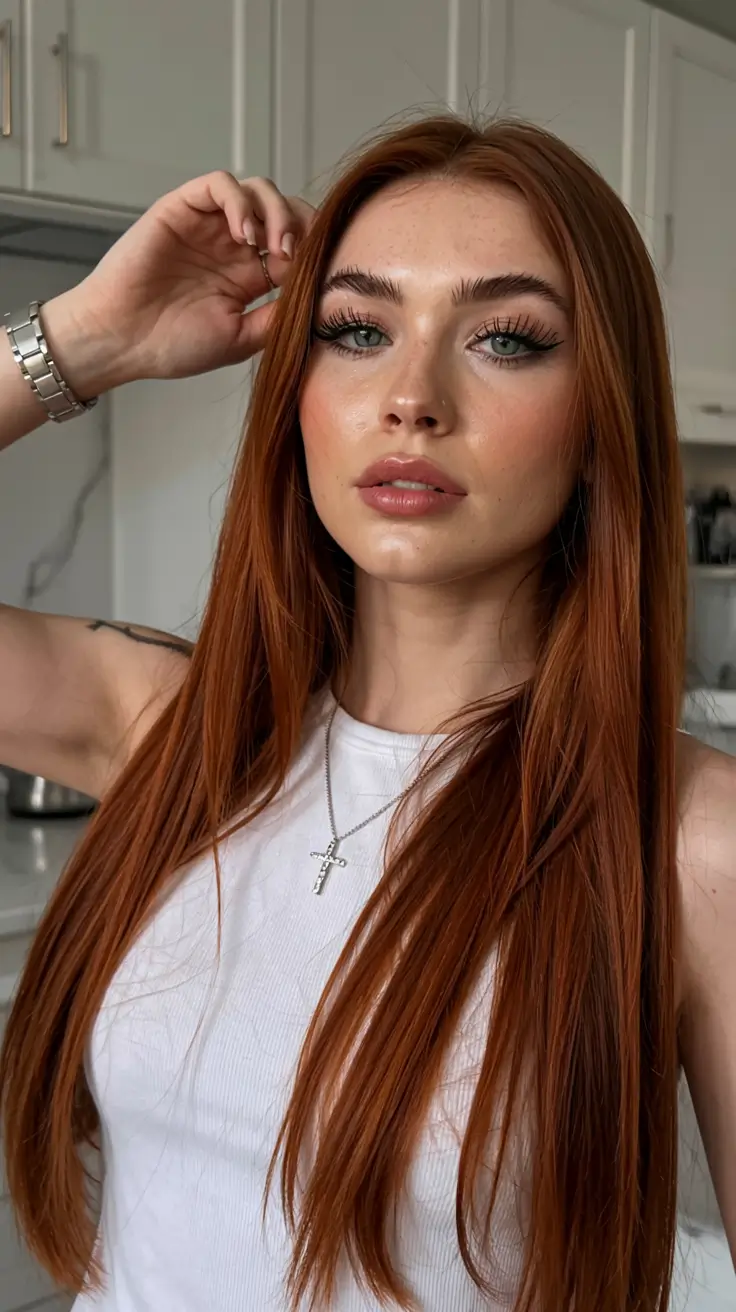 fall latina hair color ideas 2025 Vibrant Copper Cinnamon Straight