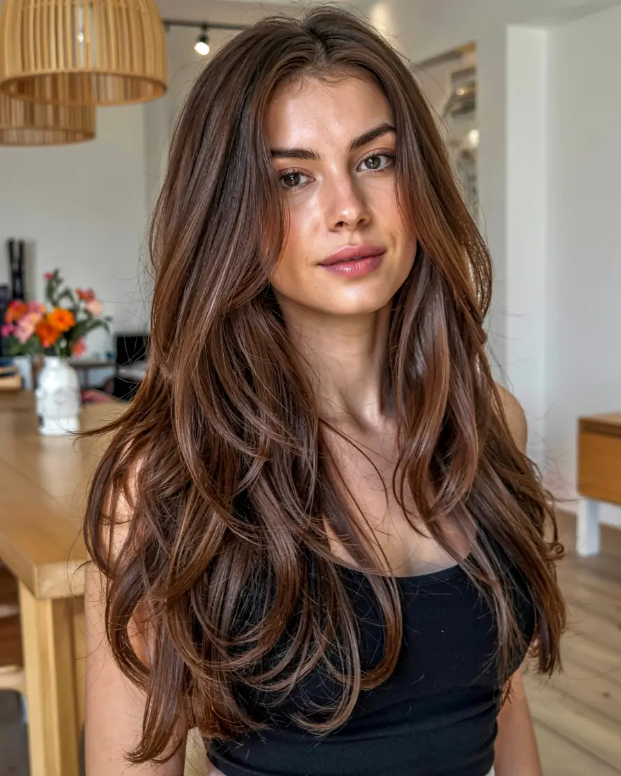fall latina hair color ideas 2025 Warm Espresso Brunette with Sculpted Layers