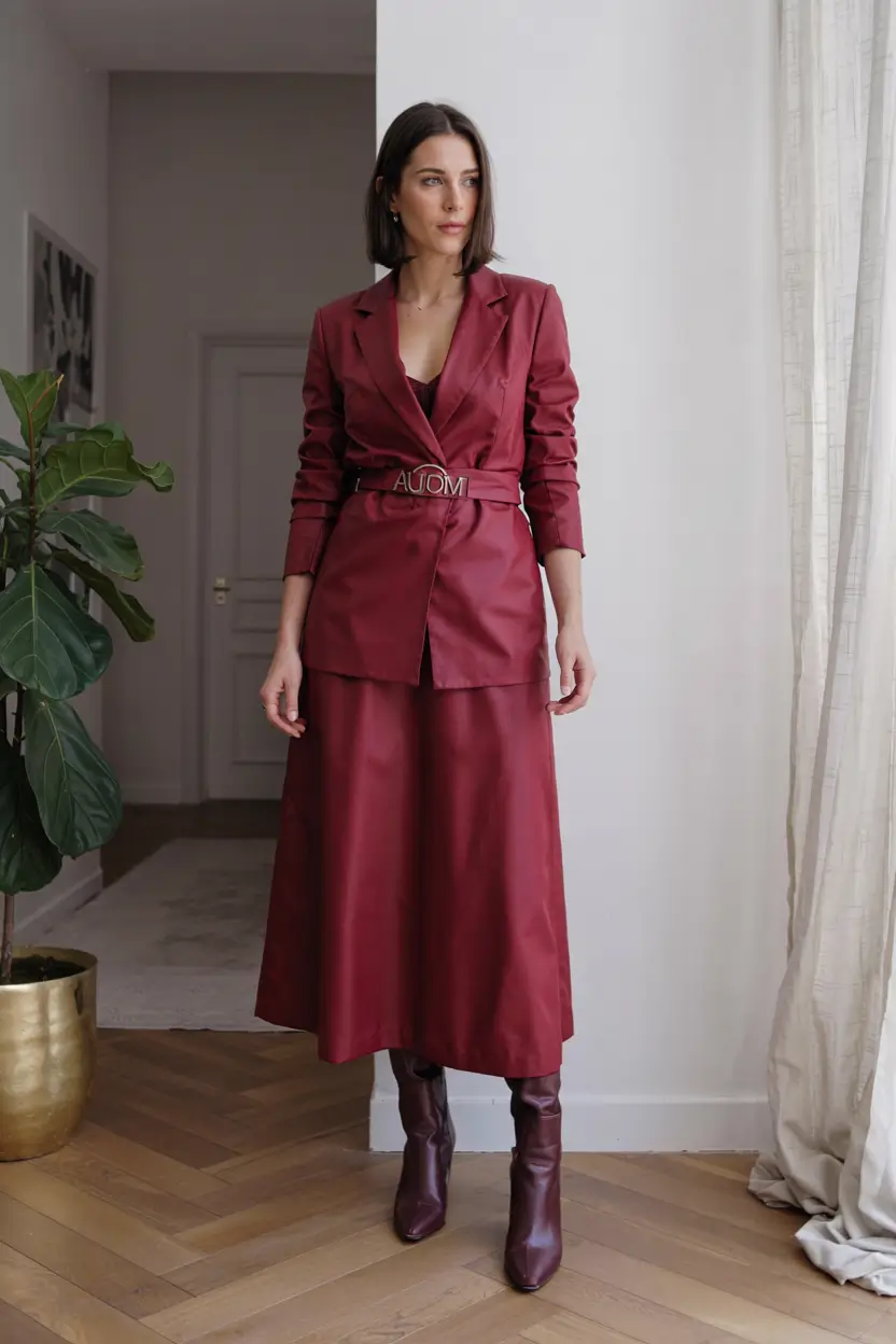 fall office outfits for women ideas 2025 All-in Burgundy Elegance