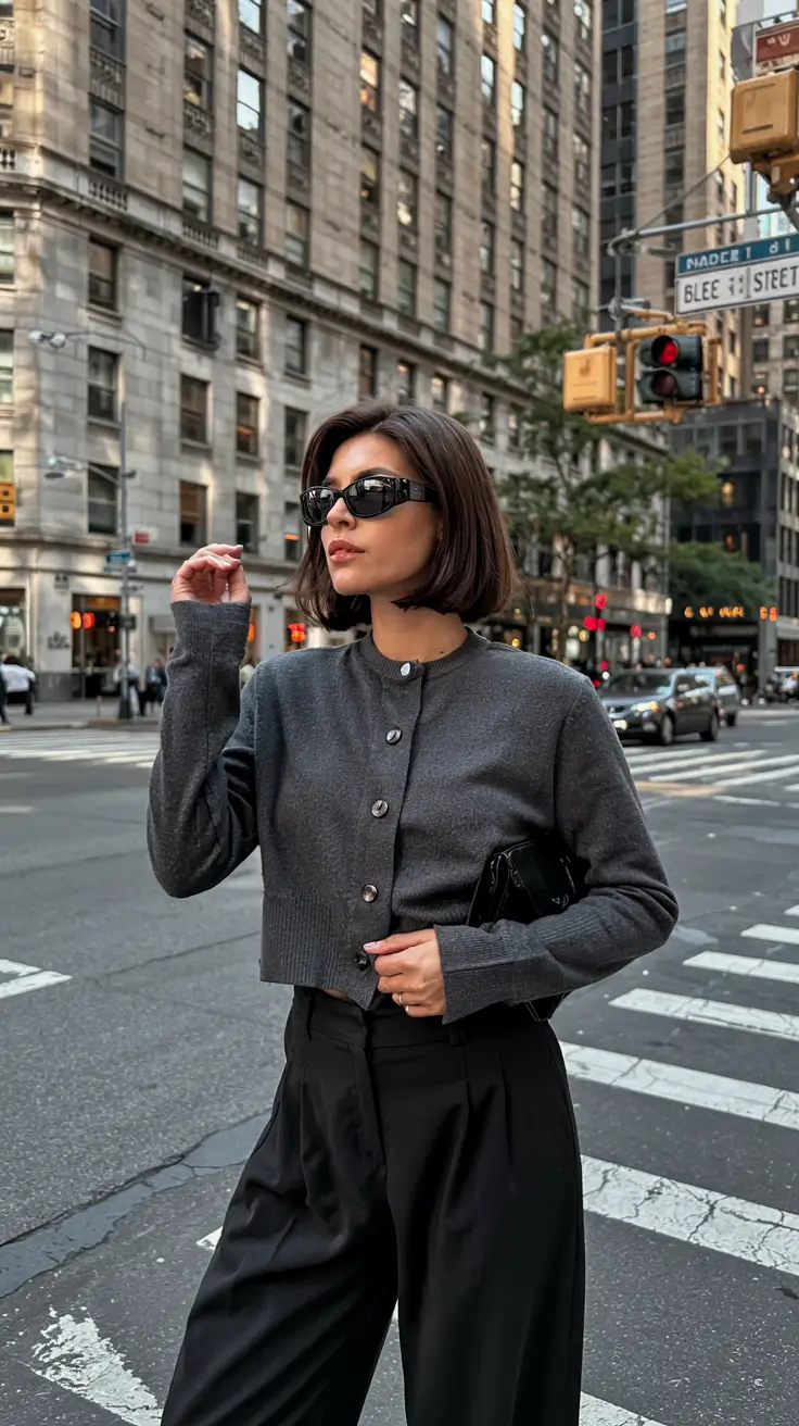 fall office outfits for women ideas 2025 Urban Gray with a Retro Snap