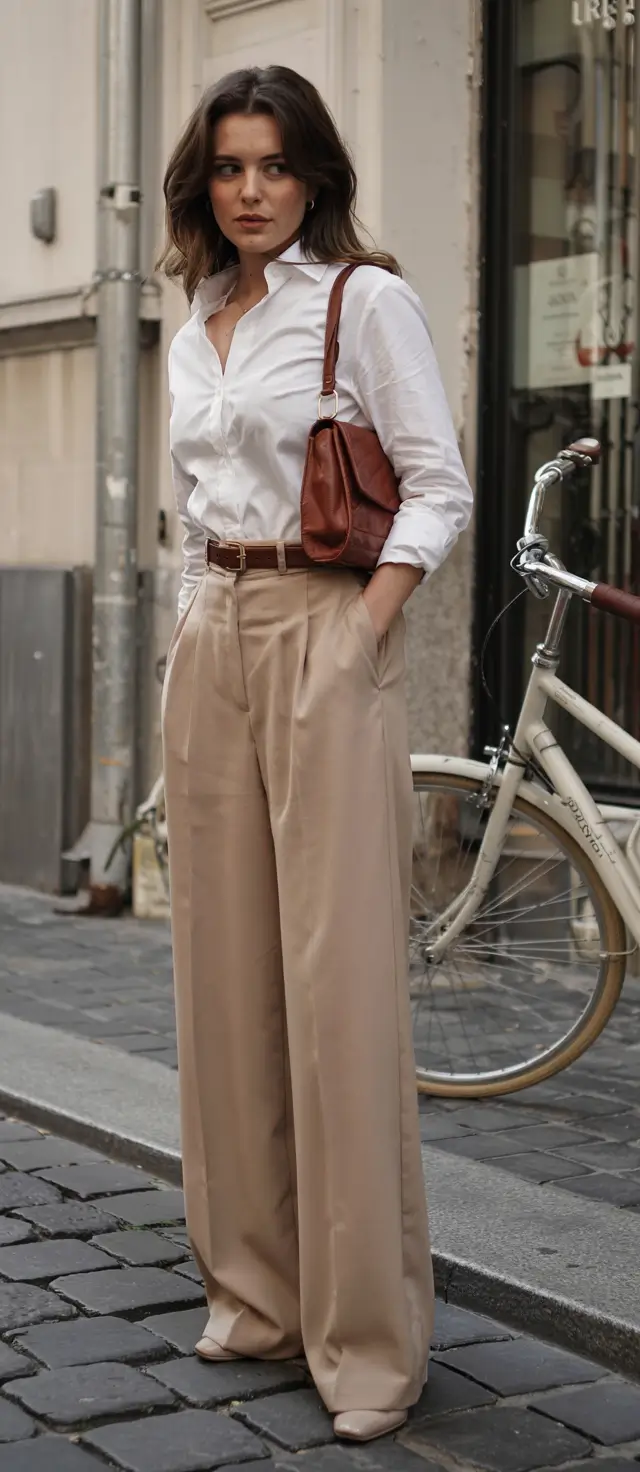 fall office outfits for women ideas 2025 Parisian Simplicity in Camel and White