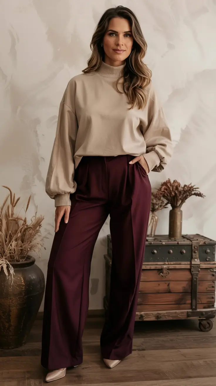 fall office outfits for women ideas 2025 Mocha and Merlot Harmony