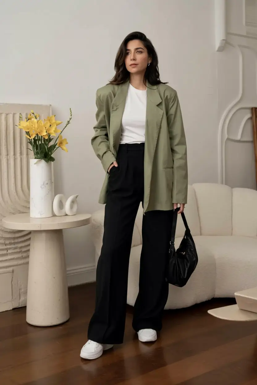 fall office outfits for women ideas 2025 Green Blazer for the Win