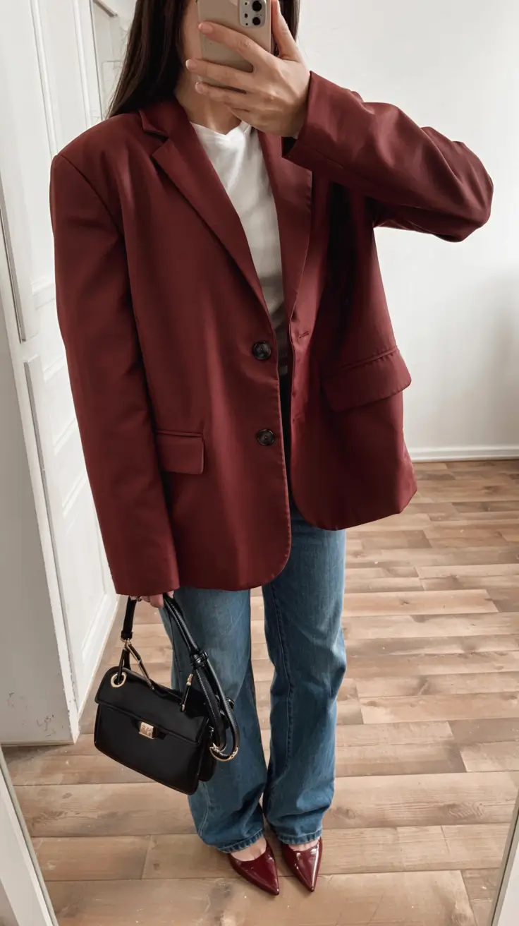 fall office outfits for women ideas 2025 Wine-Toned Blazer with Denim Energy