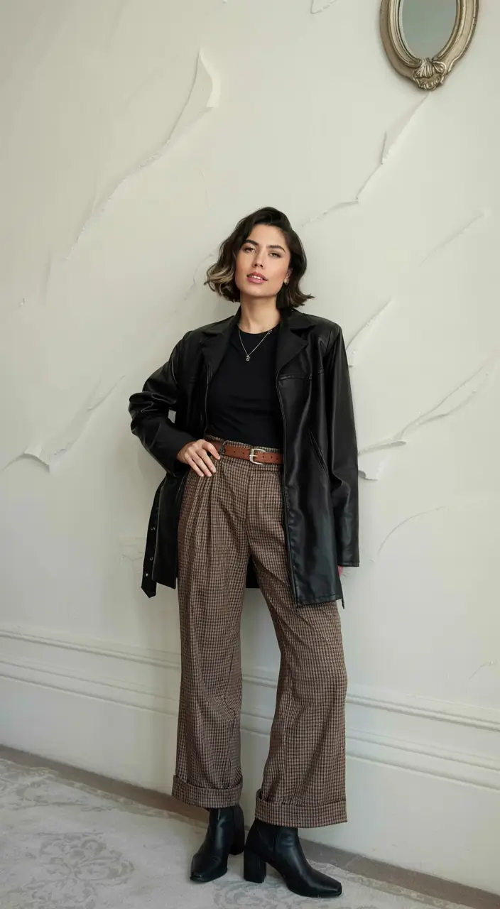 fall office outfits for women ideas 2025-Modern Drama in Leather and Checks