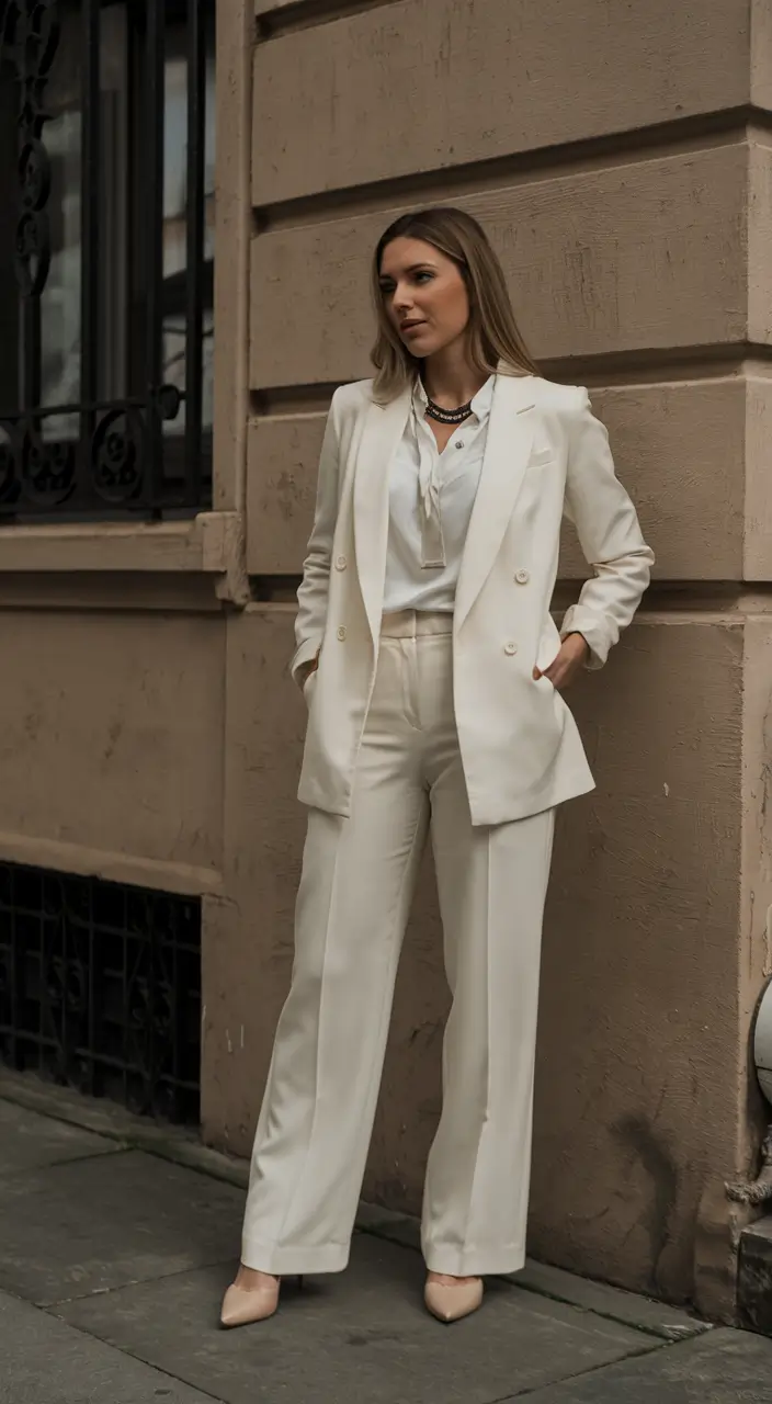 fall old money outfits ideas 2025+Ivory Tailoring with a Hint of ‘90s Power
