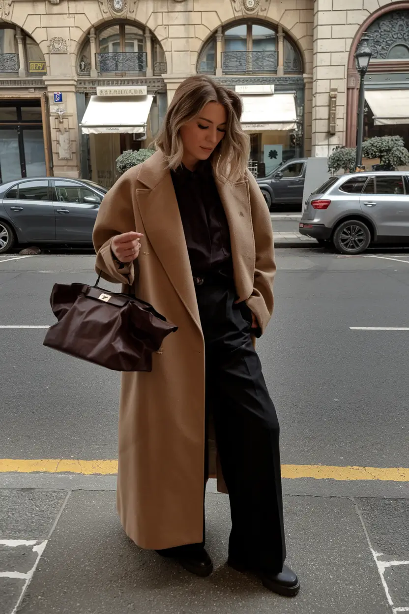 fall old money outfits ideas 2025+Power Drape in Camel and Midnight