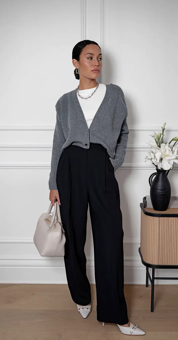 fall old money outfits ideas 2025+Slouchy Cardigan, Tailored Trousers, and Clean Lines