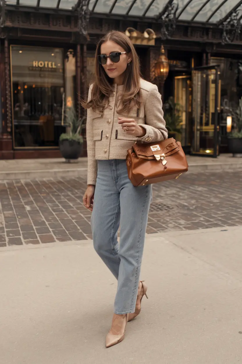 fall old money outfits ideas 2025+Tweed Jacket & Denim: The Nonchalant Classic
