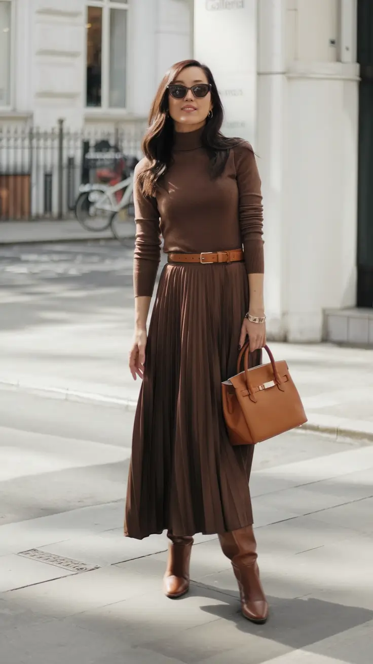 fall old money outfits ideas 2025+Chocolate Elegance with Pleats and Polish