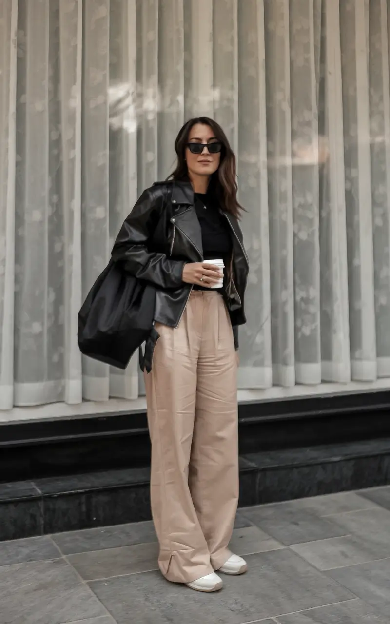 fall outfits ideas Soft Neutrals with a Hint of Rock Chic