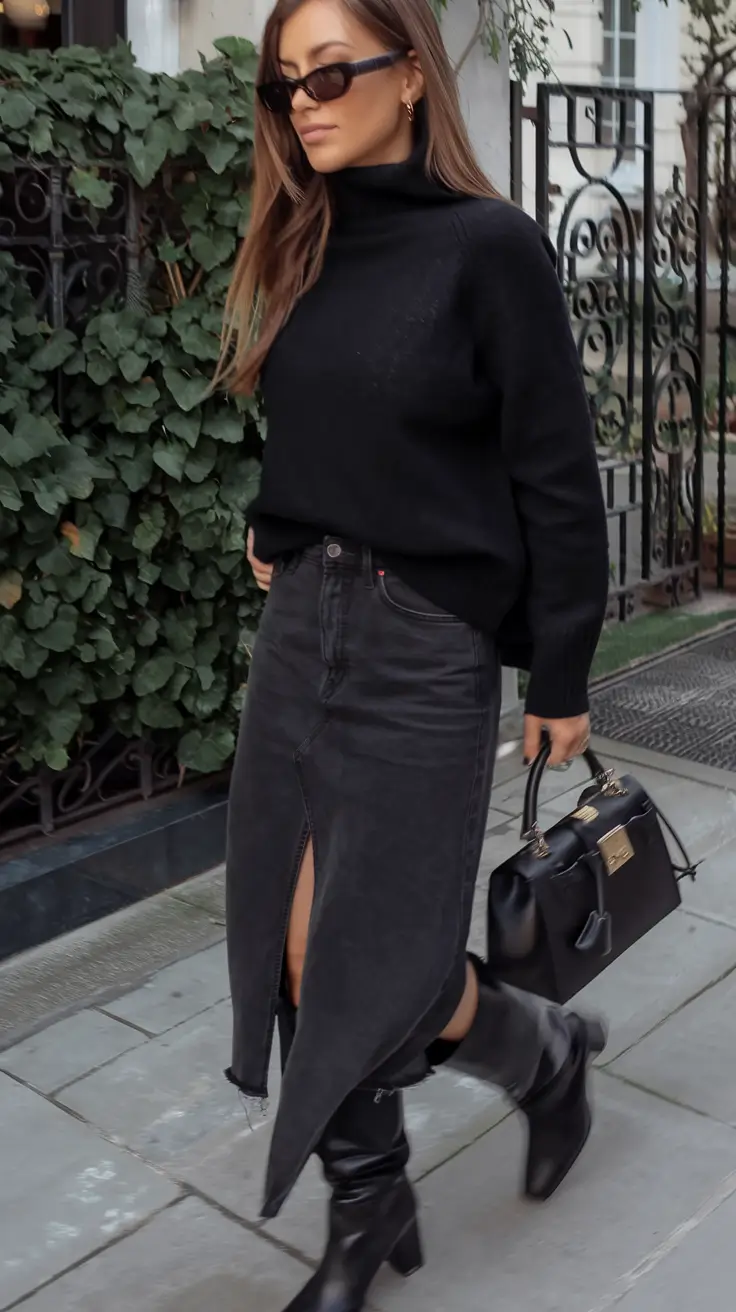 fall outfits ideas Denim Noir with a Chic Slit