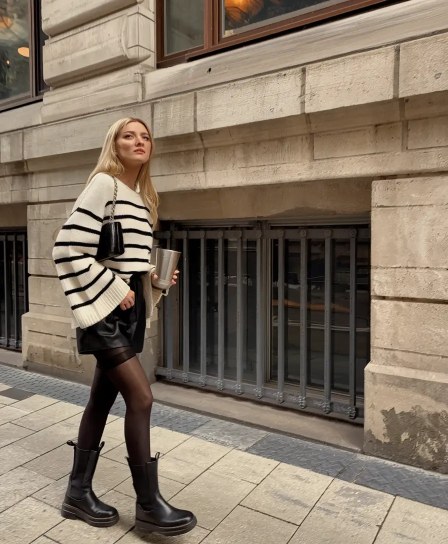 fall outfits with boots trendy ideas 2025 Stripes & Leather for Parisian Vibes