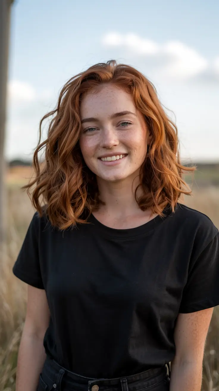 fall oval face haircuts ideas 2025 Warm Copper Bob with Light Waves