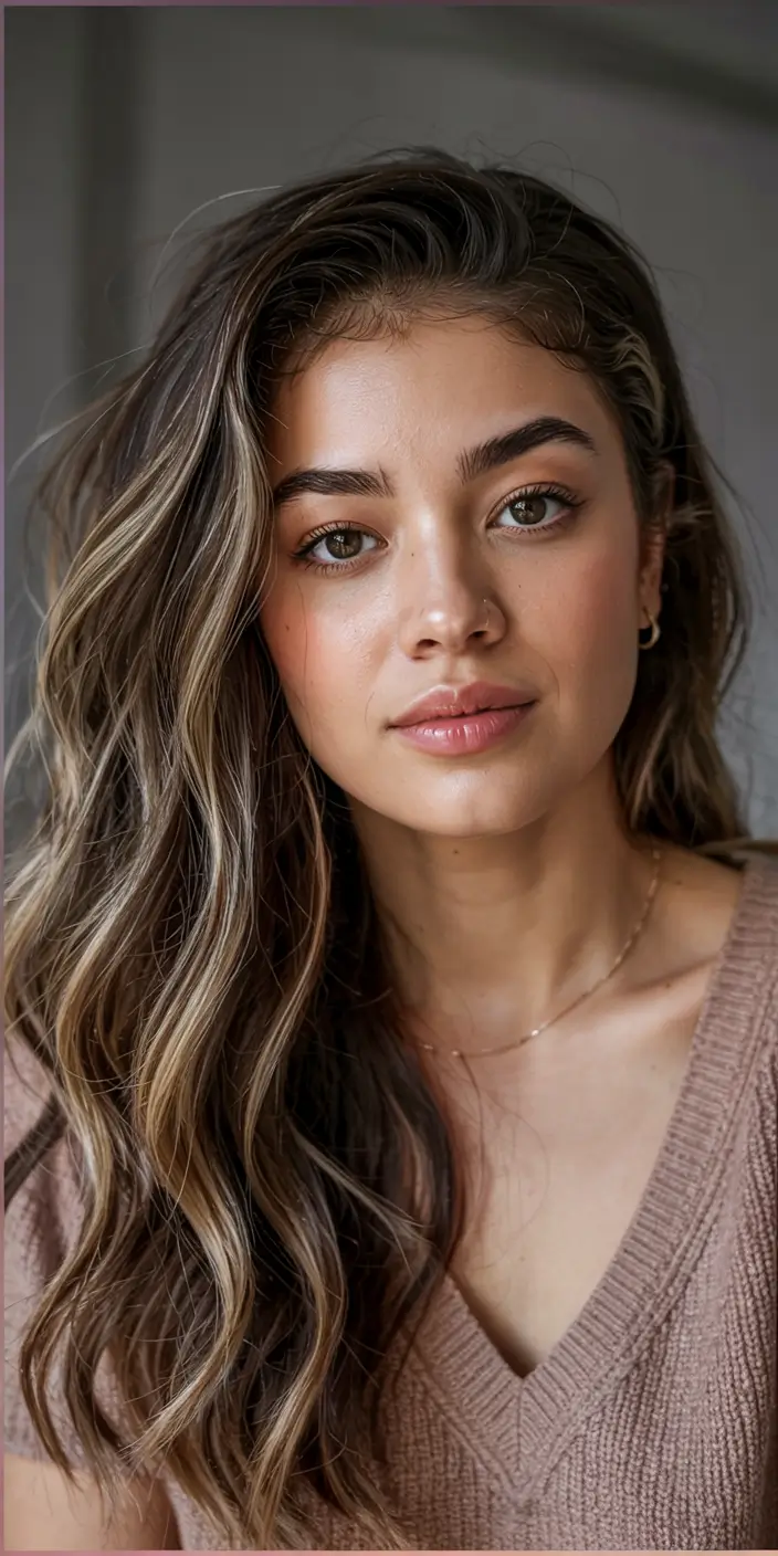 fall oval face haircuts ideas 2025 Multi-Toned Bronde Waves with Diagonal Part