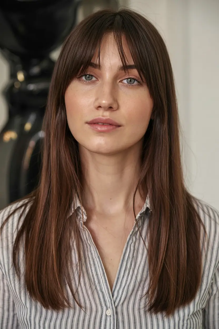 fall oval face haircuts ideas 2025 Flat-Iron Sleek with Wispy Curtain Fringe