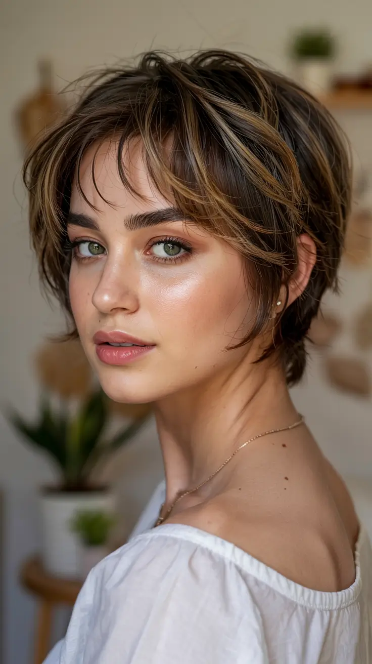 fall oval face haircuts ideas 2025 Softly Tousled French Pixie with Long Bangs