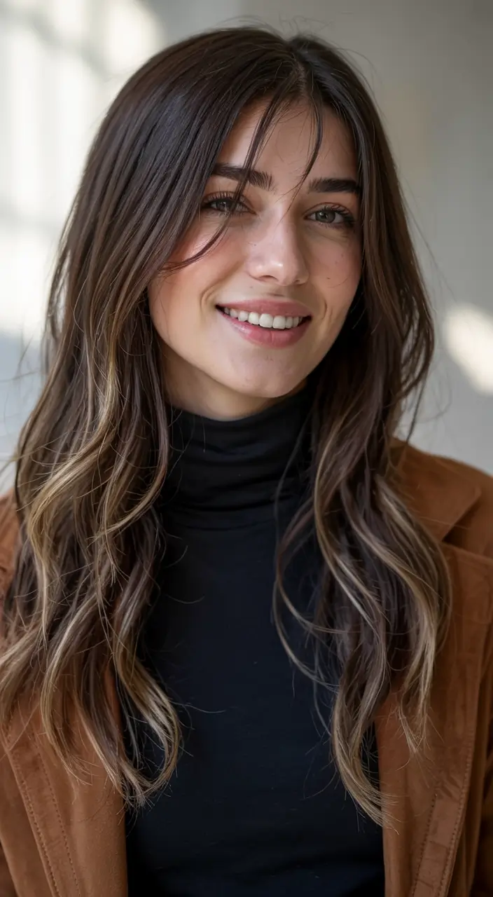fall oval face haircuts ideas 2025 Long Espresso Waves with Hidden Lowlights