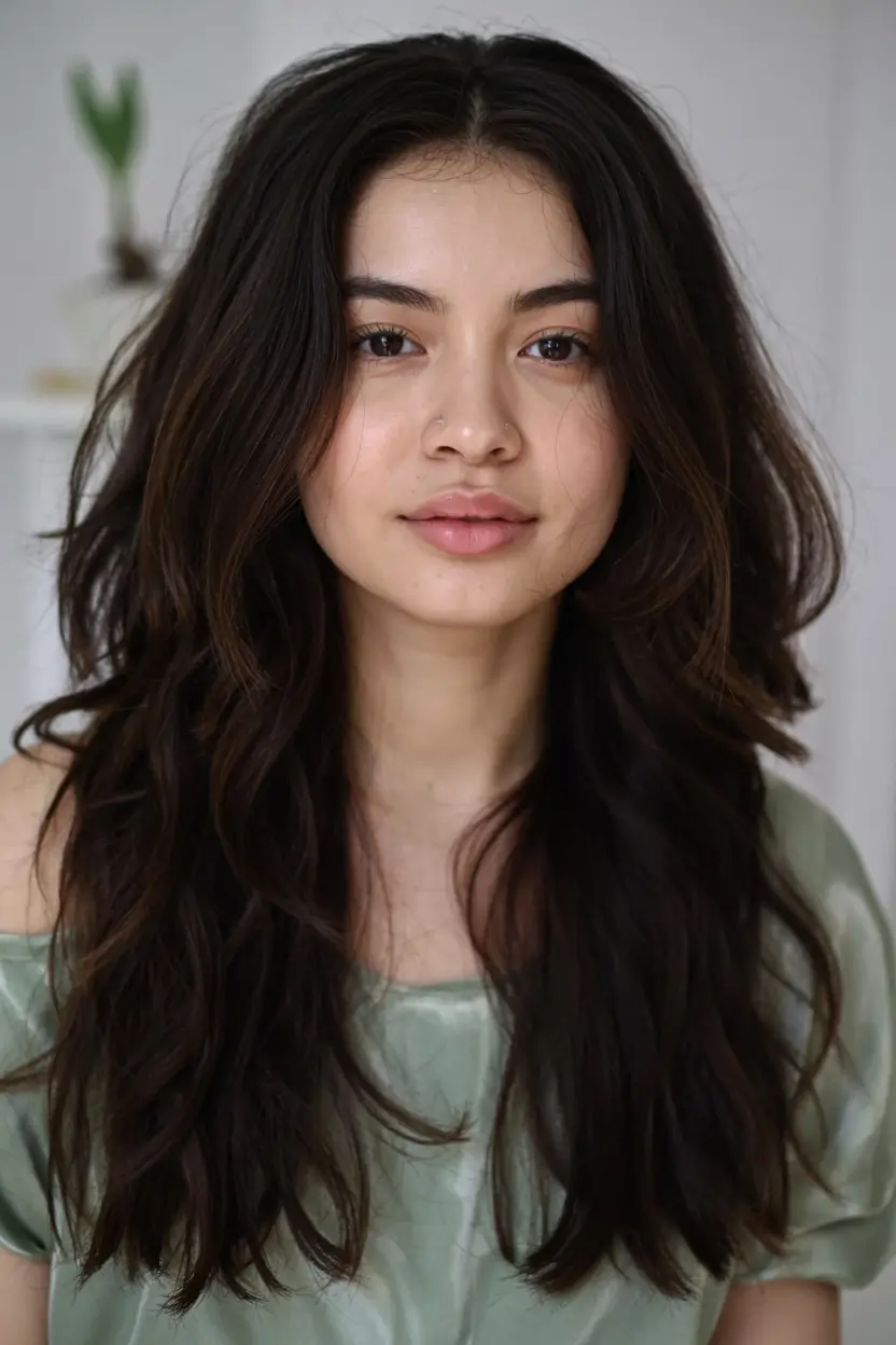 fall oval face haircuts ideas 2025 Voluminous Dark Flow with Hidden Layering