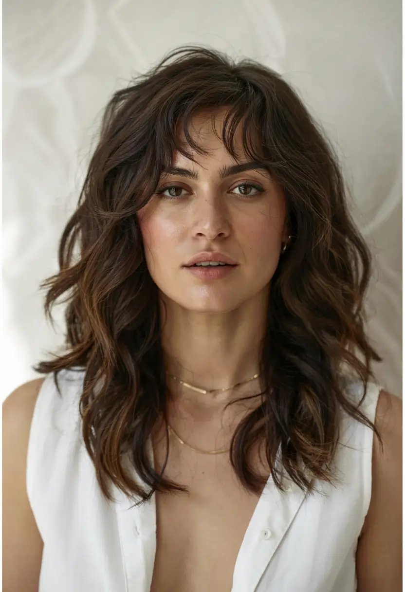 fall oval face haircuts ideas 2025 Textured Mid-Length Shag with Barely-There Fringe