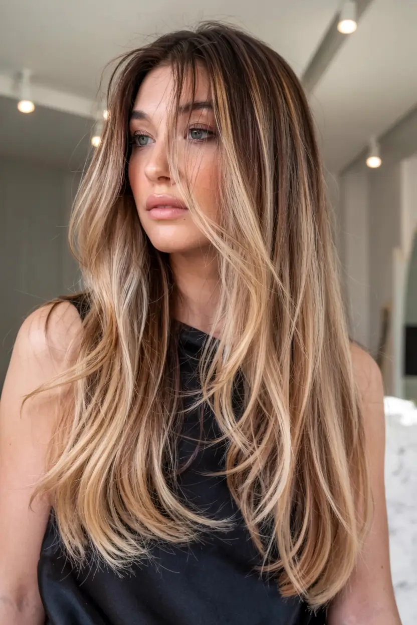 fall oval face haircuts ideas 2025 Warm Blonde Balayage with Feathered Layers