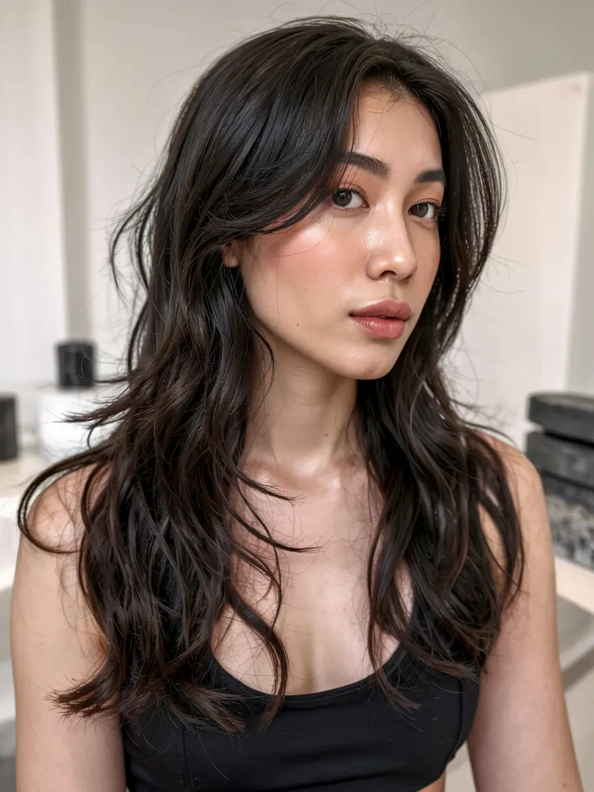 fall oval face haircuts ideas 2025 Dark Cascade Layers with Airy Curtain Fringe