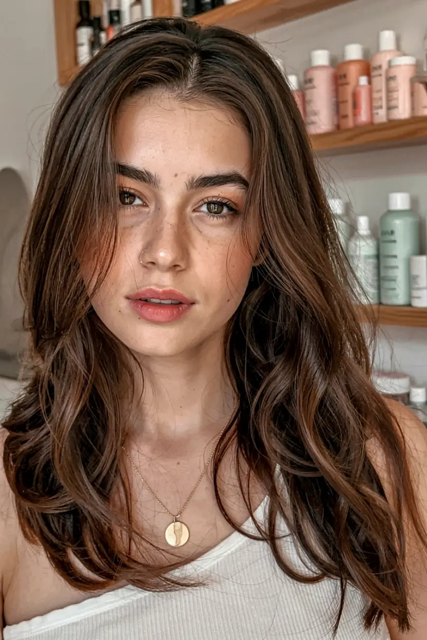 fall oval face haircuts ideas 2025 Chestnut Swoop Layers with Soft Volume