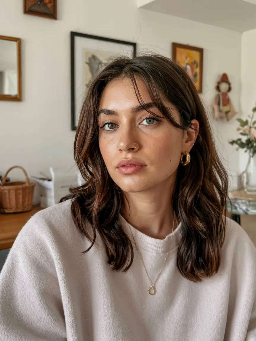 fall oval face haircuts ideas 2025 Medium Chocolate Layers with Effortless Bardot Bangs