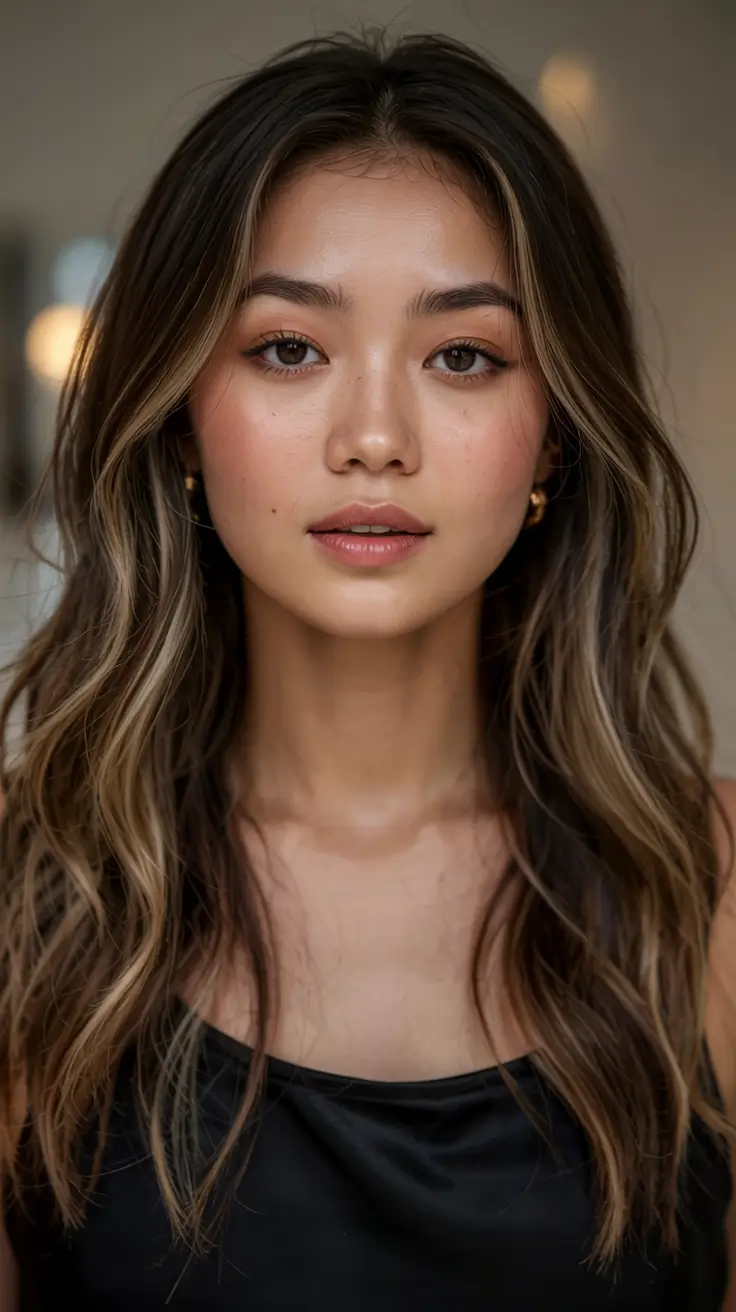 fall oval face haircuts ideas 2025 Dimensional Bronde Waves with a Modern Middle Part