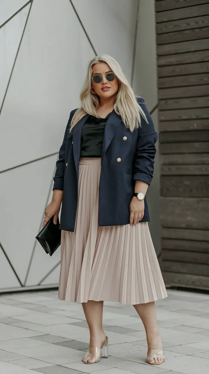 fall plus size outfits ideas 2025 Boardroom Meets Brunch: Navy Blazer Energy