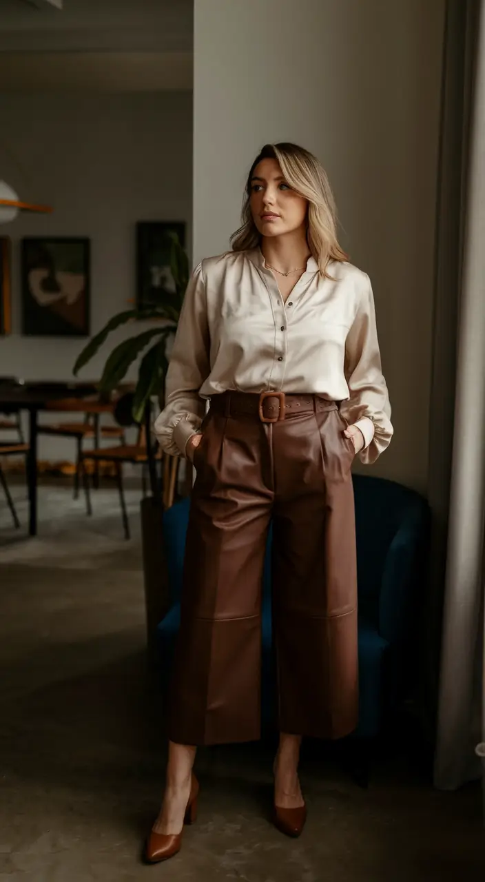 fall plus size outfits ideas 2025 Rich Leather & Silk: Business But Make It Bold