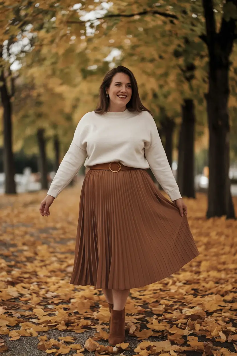 fall plus size outfits ideas 2025 Sweater Weather Glow: Soft Knit & Caramel Skirt