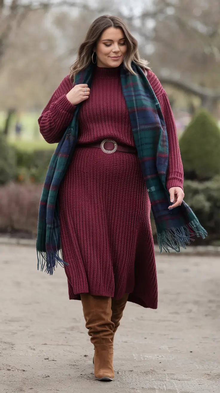 plush autumn fashion for fuller figures Burgundy Knit and Plaid Charm