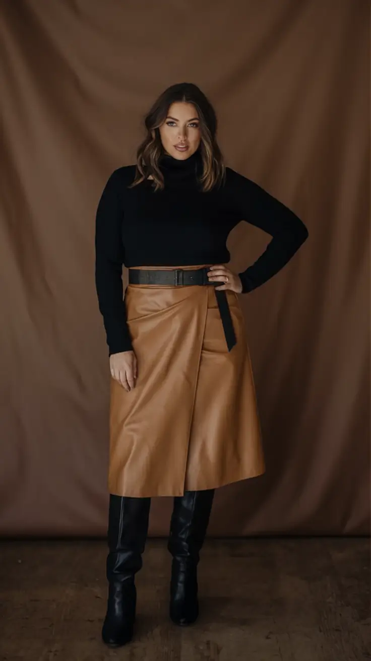curvy fall fashion trends 2025 Bold Leather with Black Layers