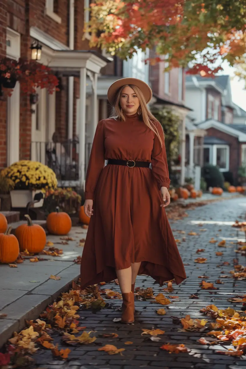 fall plus size outfits ideas 2025 Chic in Cinnamon: The Modern Autumn Dress