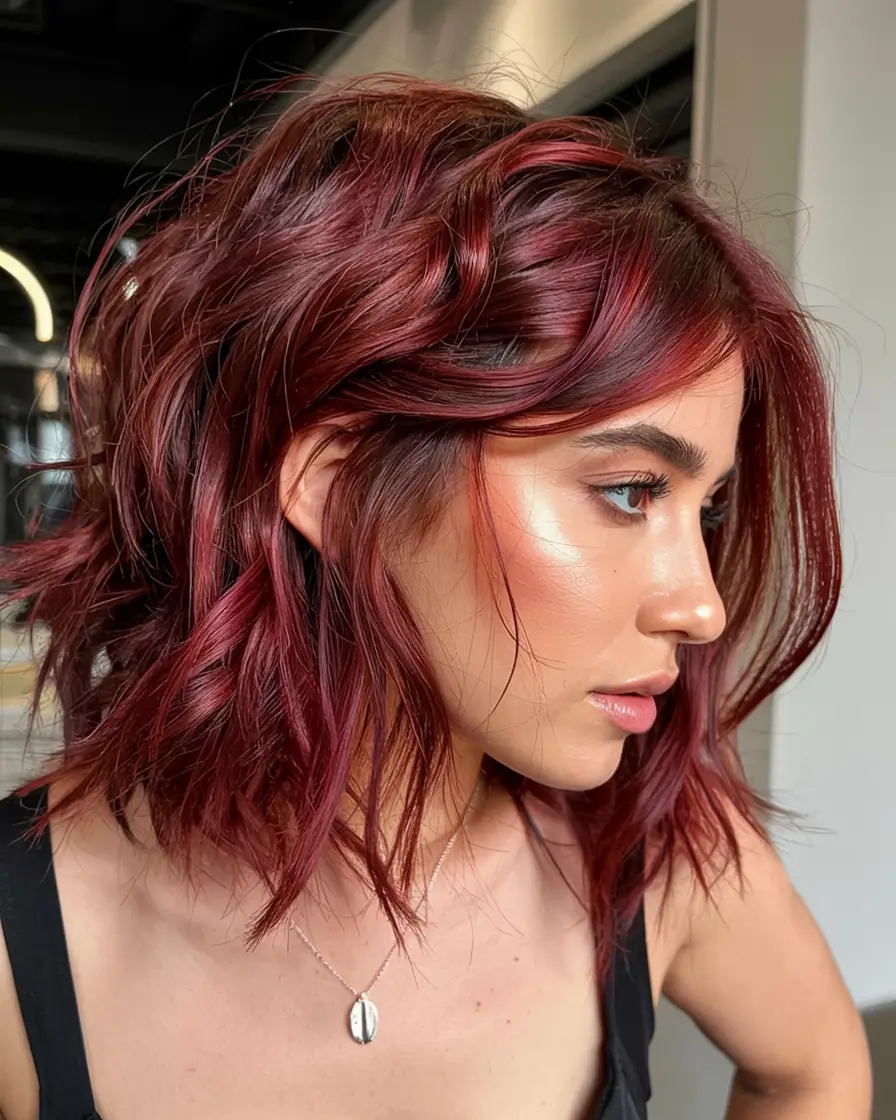 fall red hair color ideas 2025 Spiced Sangria Lob with Whipped Texture