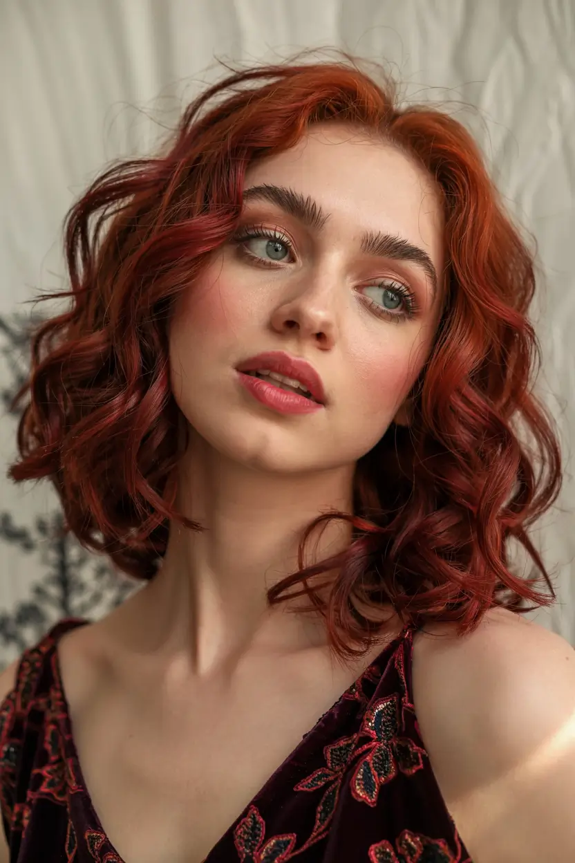 fall red hair color ideas 2025 Amber-Cinnamon Bob with Painted Curls