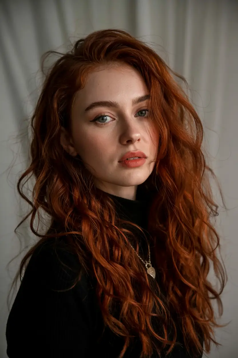 fall red hair color ideas 2025 Wild Copper Waves with Indie Texture