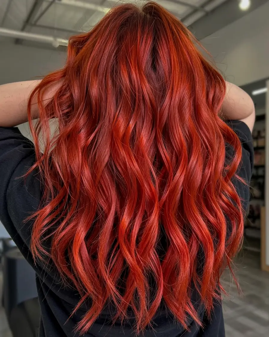 fall red hair color ideas 2025 Electric Cinnamon with Luminous Waves